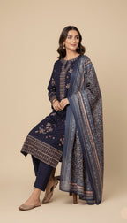 Binsaeed Three-Piece Khaddar Midnight Blue & Gold Embroidered-Look Suit