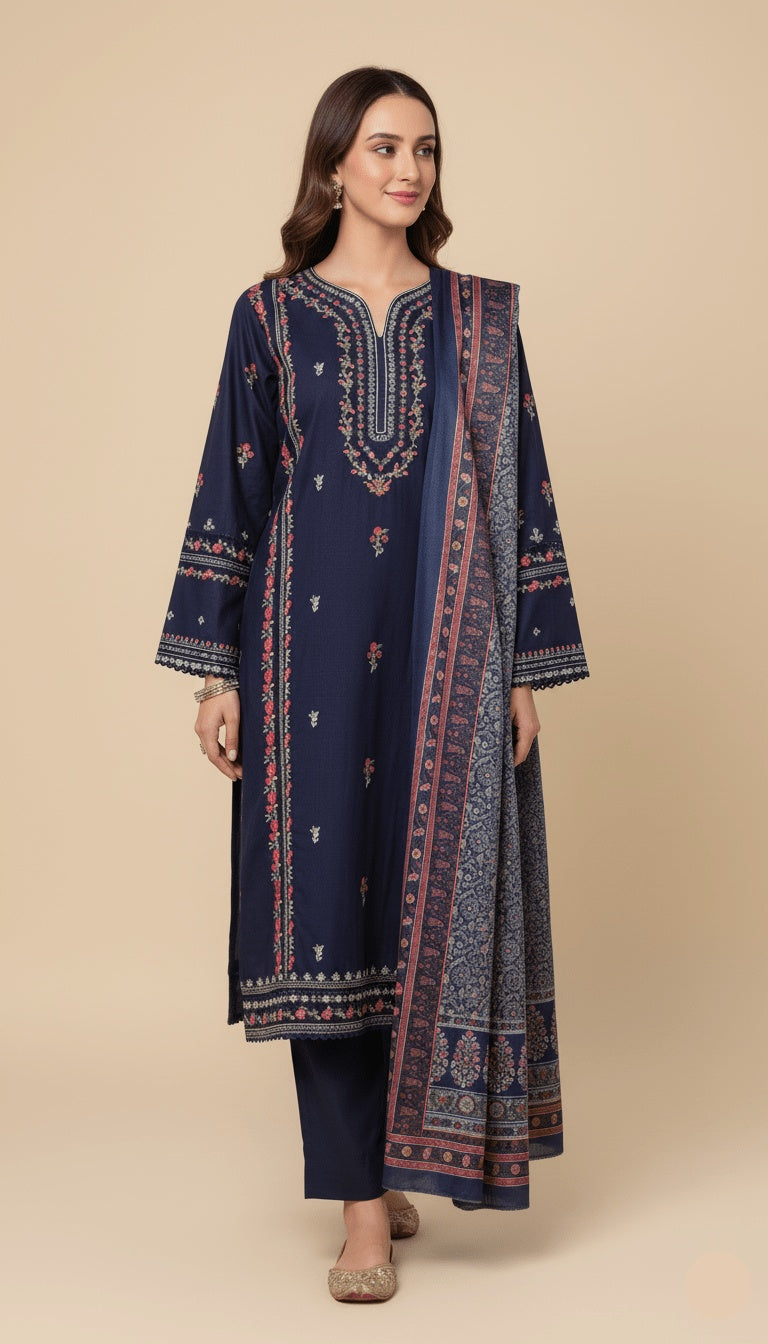 Binsaeed Three-Piece Khaddar Navy Blue Printed Suit