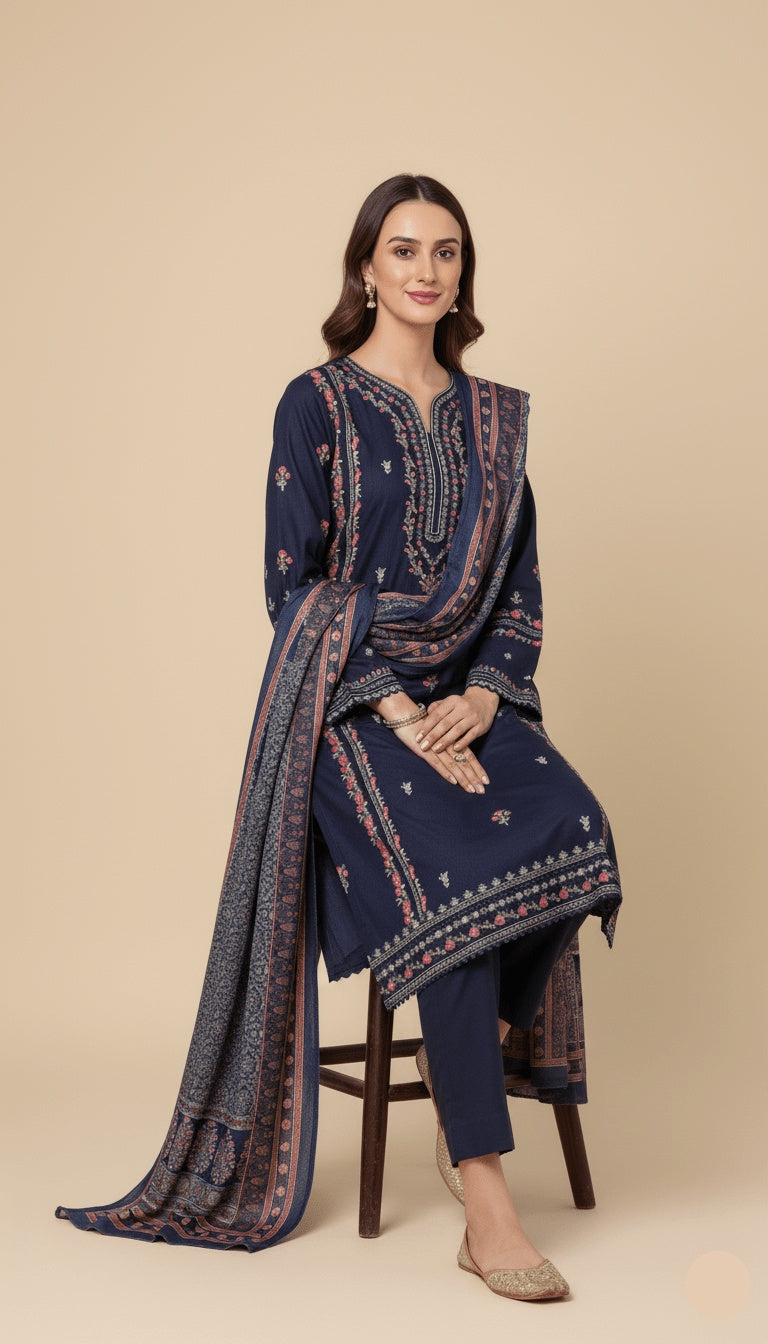Binsaeed Three-Piece Khaddar Navy Blue Printed Suit