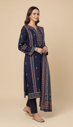 Binsaeed Three-Piece Khaddar Navy Blue Printed Suit