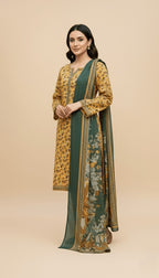 Binsaeed Three-Piece Khaddar Mustard & Forest Green Printed Suit