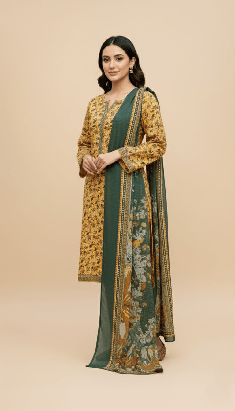 Binsaeed Three-Piece Khaddar Mustard & Forest Green Printed Suit