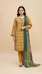 Binsaeed Three-Piece Khaddar Mustard & Forest Green Printed Suit