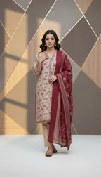 Binsaeed Three-Piece Khaddar Beige & Maroon Printed Suit