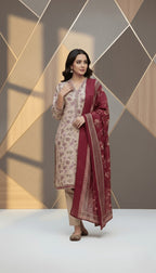 Binsaeed Three-Piece Khaddar Beige & Maroon Printed Suit