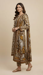 Binsaeed Three-Piece Khaddar Olive Brown Printed Suit