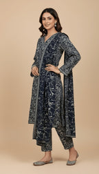 Binsaeed Three-Piece Khaddar Printed Monochrome Botanical Suit