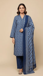 Binsaeed Three-Piece Indigo Blue Khaddar Printed Suit