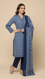 Binsaeed Three-Piece Indigo Blue Khaddar Printed Suit