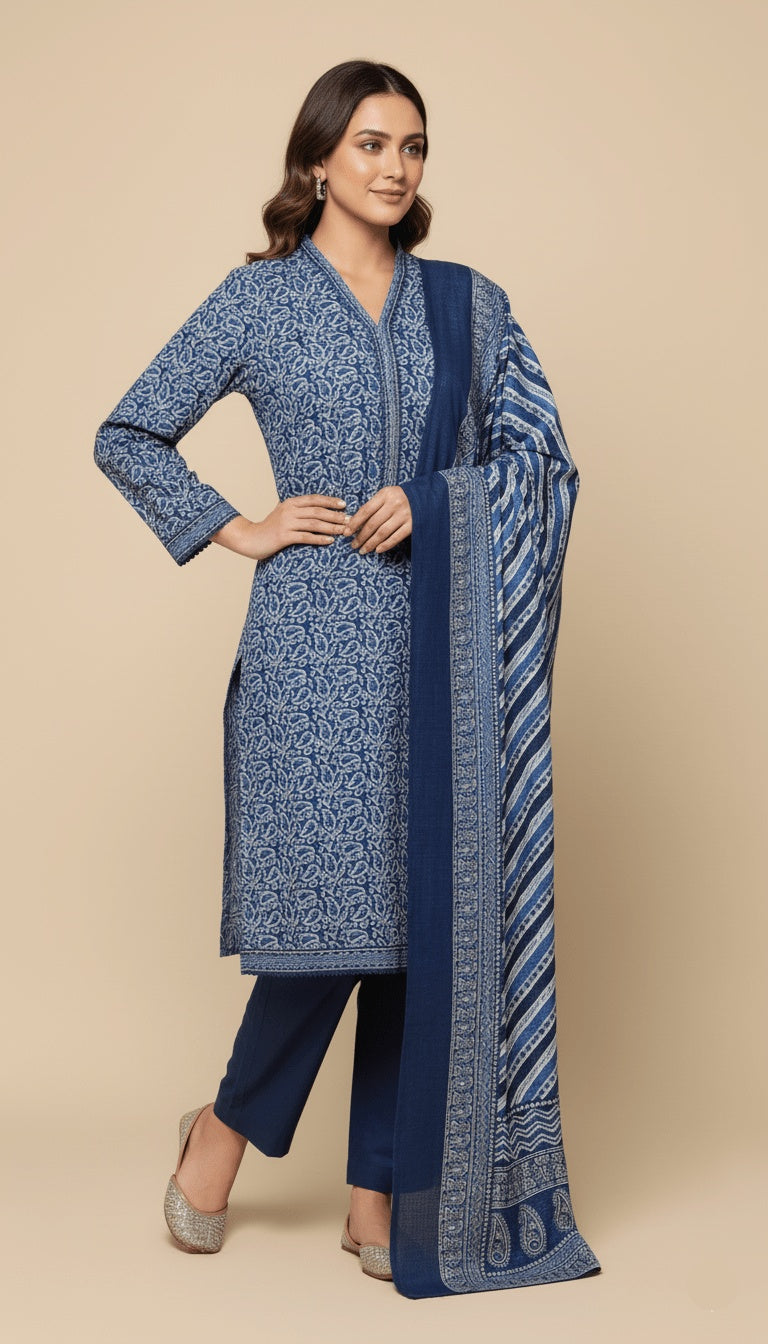 Binsaeed Three-Piece Indigo Blue Khaddar Printed Suit