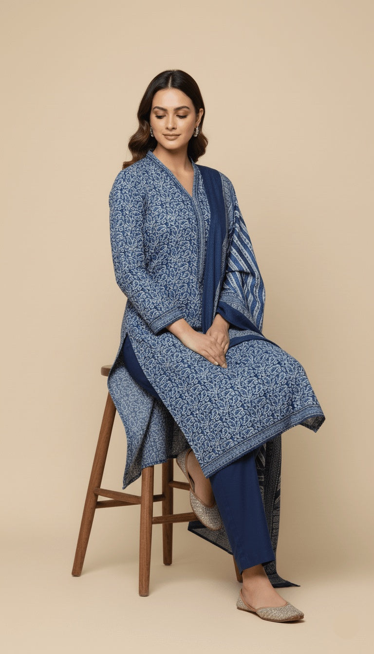 Binsaeed Three-Piece Indigo Blue Khaddar Printed Suit