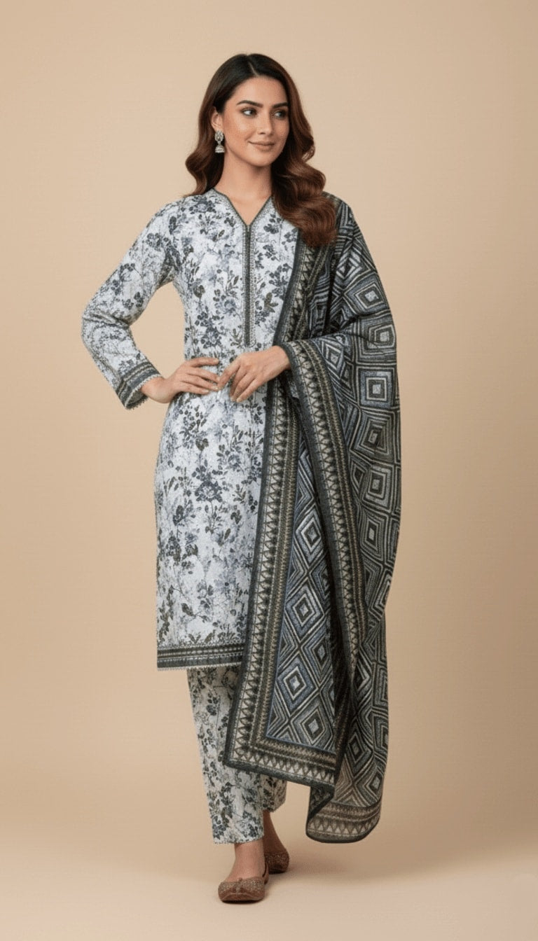 Binsaeed Three-Piece Khaddar Printed Winter Floral Suit