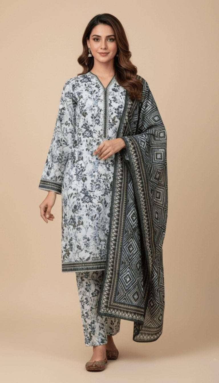 Binsaeed Three-Piece Khaddar Printed Winter Floral Suit