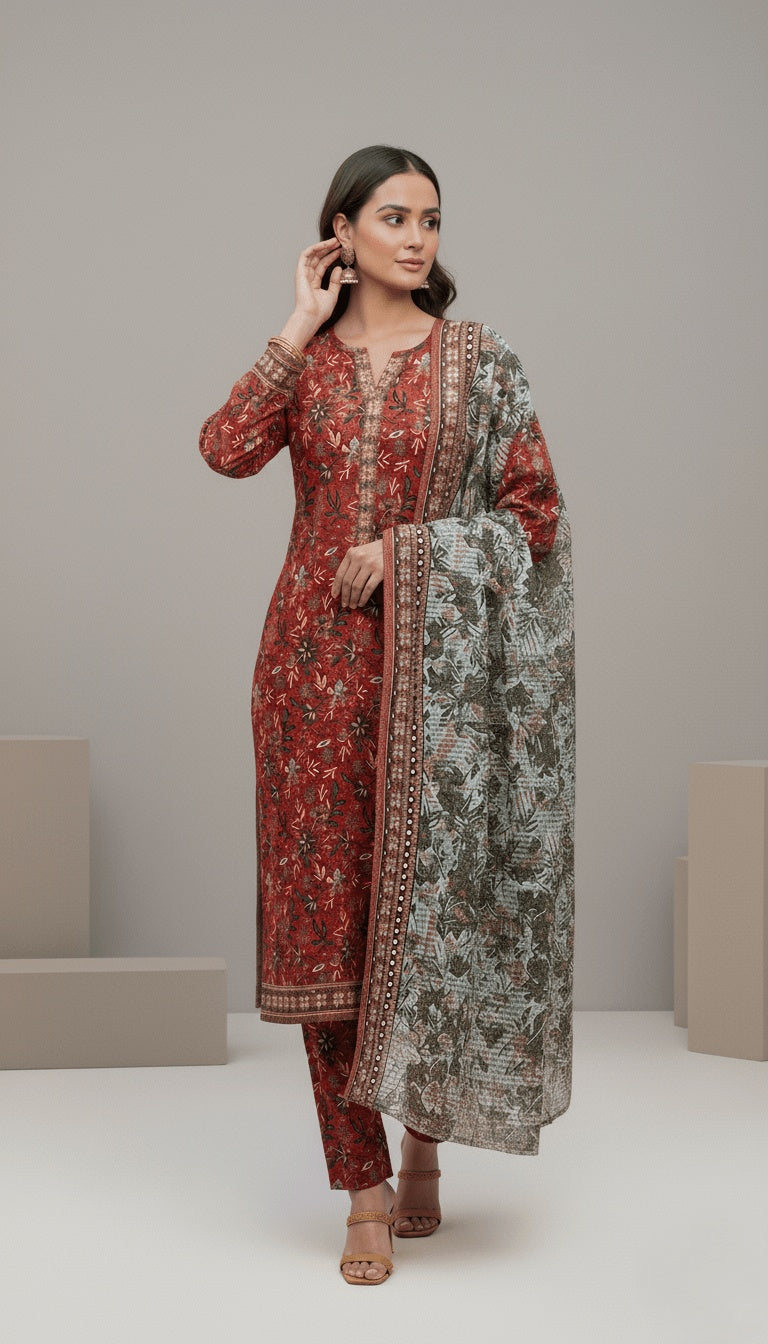 Binsaeed Three-Piece Khaddar Terracotta Printed Suit