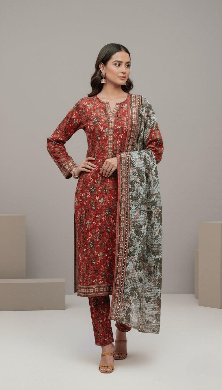 Binsaeed Three-Piece Khaddar Terracotta Printed Suit