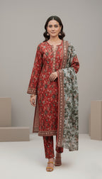 Binsaeed Three-Piece Khaddar Terracotta Printed Suit