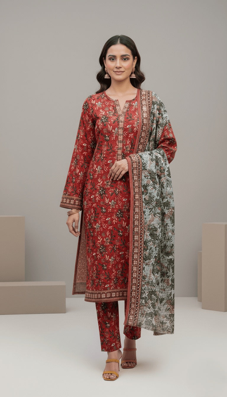 Binsaeed Three-Piece Khaddar Terracotta Printed Suit