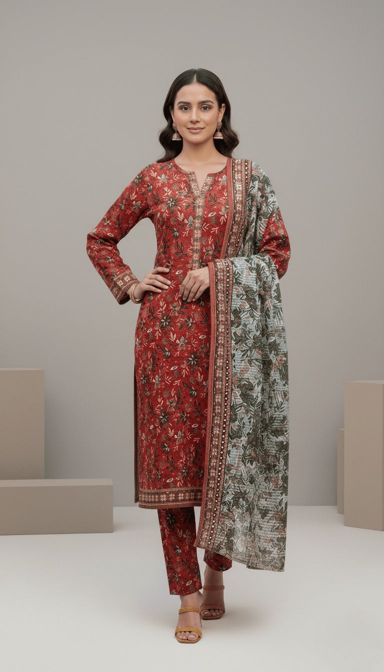 Binsaeed Three-Piece Khaddar Terracotta Printed Suit