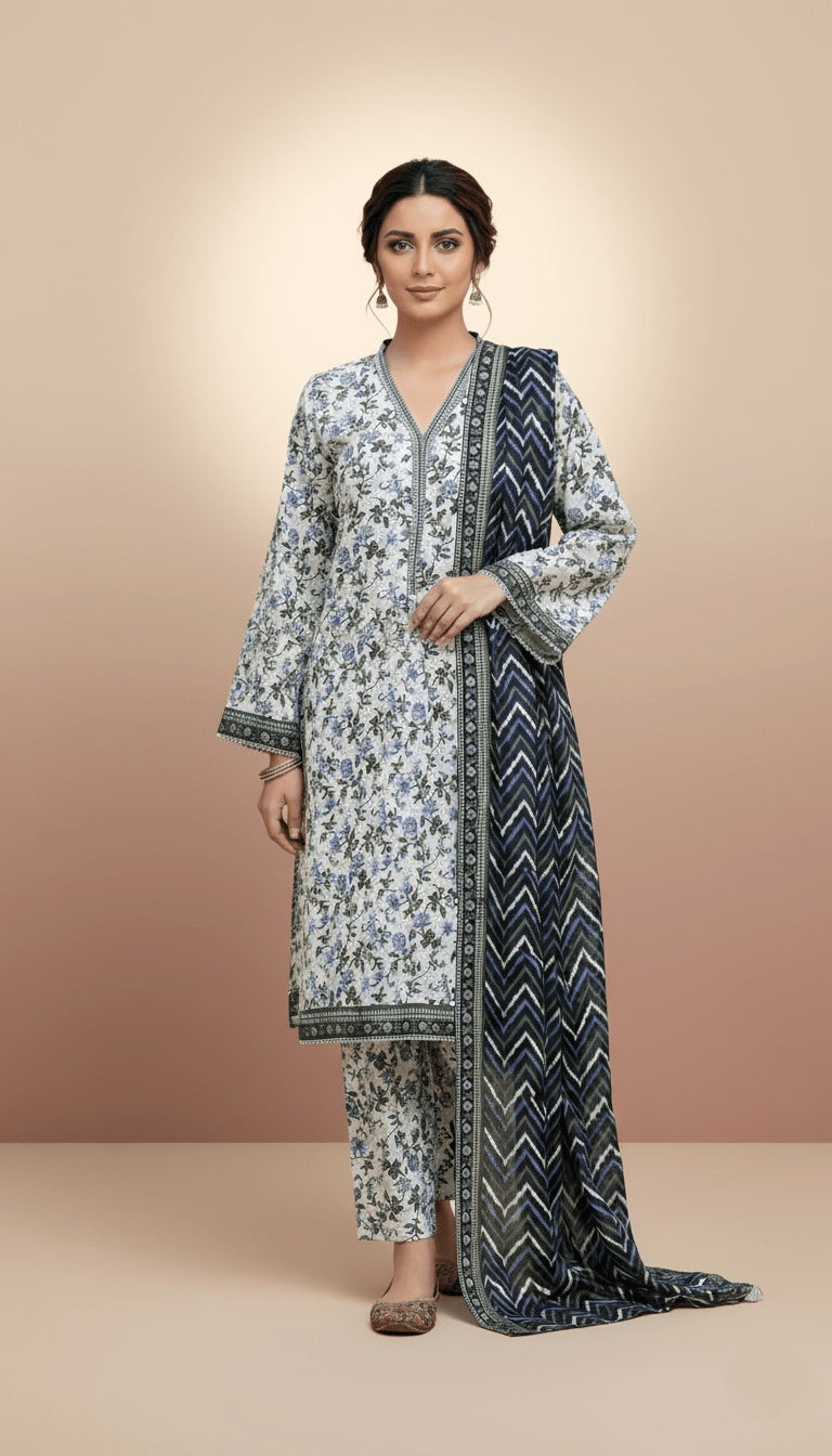 Binsaeed Three-Piece Khaddar White & Indigo Printed Suit