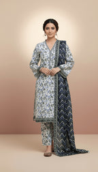 Binsaeed Three-Piece Khaddar White & Indigo Printed Suit