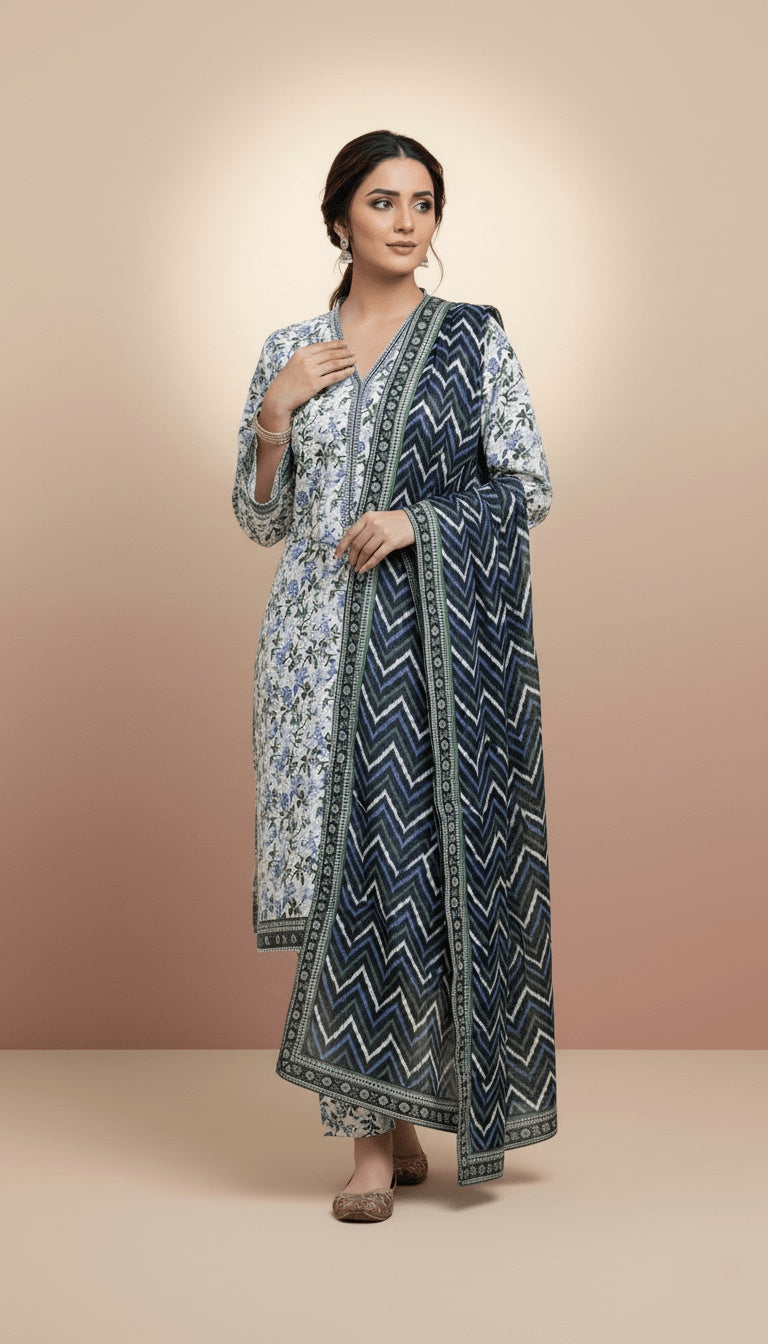 Binsaeed Three-Piece Khaddar White & Indigo Printed Suit