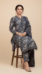 Binsaeed Three-Piece Navy Blue Khaddar Printed Suit