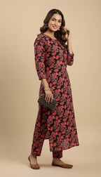 Black Red Floral Print Khaddar 2PC Coord Suit | SuitsMeUK