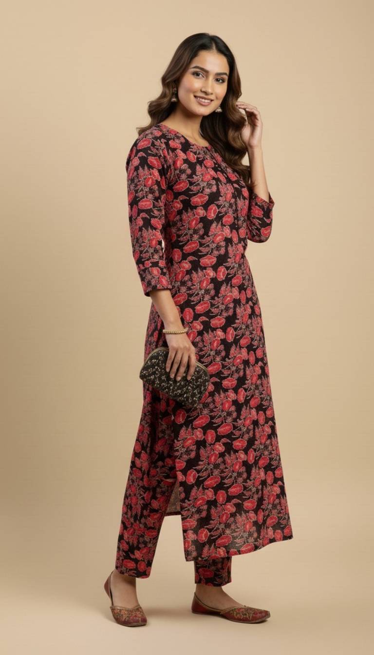 Black Red Floral Print Khaddar 2PC Coord Suit | SuitsMeUK