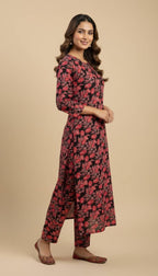 Black Red Floral Print Khaddar 2PC Coord Suit | SuitsMeUK