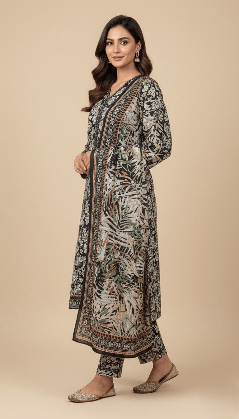 Binsaeed Black White Tropical Print Khaddar 3PC Suit with Shawl | SuitsMeUK