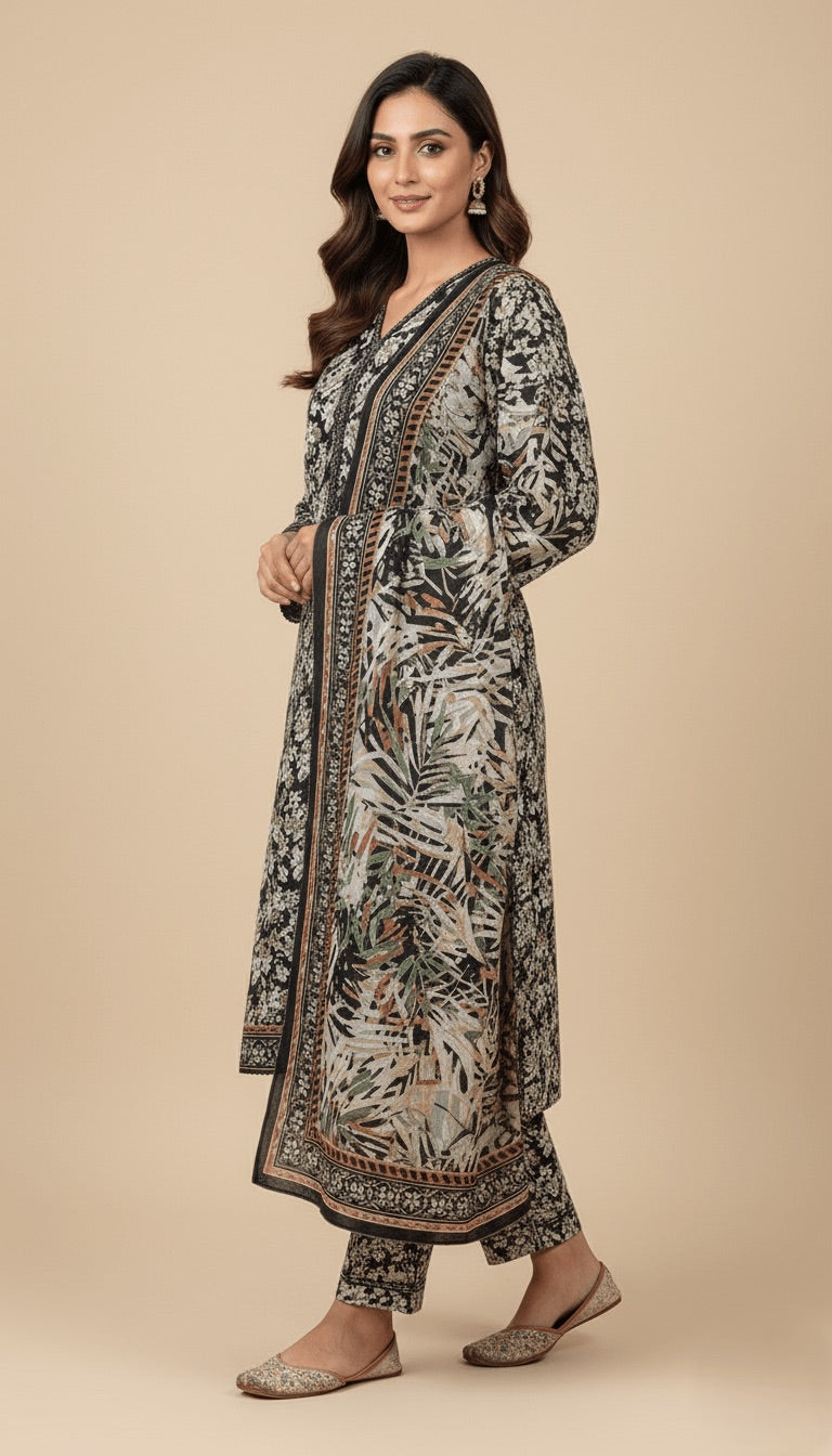 Binsaeed Black White Tropical Print Khaddar 3PC Suit with Shawl | SuitsMeUK