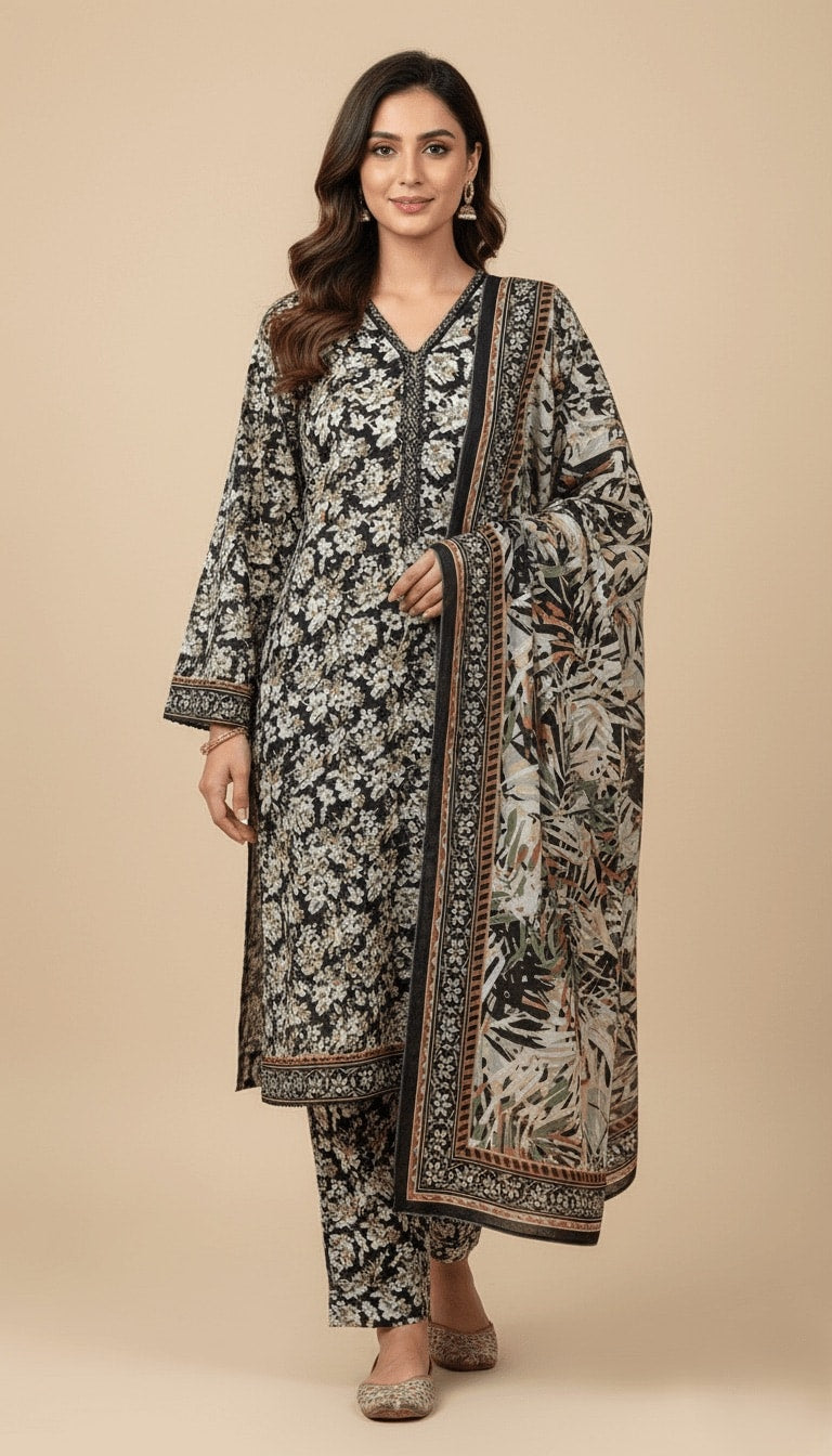 Binsaeed Black White Tropical Print Khaddar 3PC Suit with Shawl | SuitsMeUK