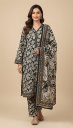 Binsaeed Black White Tropical Print Khaddar 3PC Suit with Shawl | SuitsMeUK