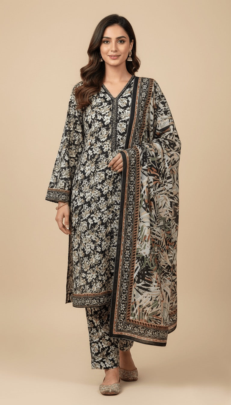 Binsaeed Black White Tropical Print Khaddar 3PC Suit with Shawl | SuitsMeUK