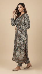 Binsaeed Black White Tropical Print Khaddar 3PC Suit with Shawl | SuitsMeUK
