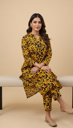 Black Yellow Abstract Print Cotton 2PC Coord Suit | SuitsMeUK
