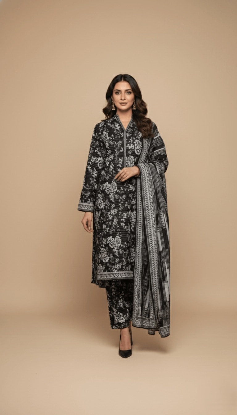 Binsaeed Black and White Floral Print Khaddar 3PC Suit with Shawl | SuitsMeUK