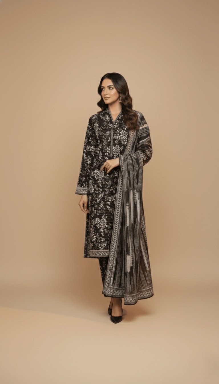 Binsaeed Black and White Floral Print Khaddar 3PC Suit with Shawl | SuitsMeUK