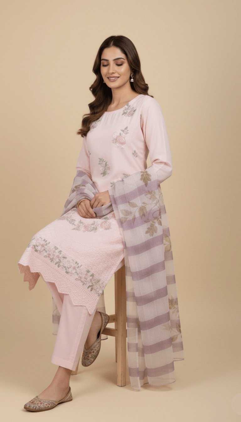 Blossom Pink Cotton Embroidered 3-Piece Trouser Suit