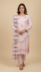 Blossom Pink Cotton Embroidered 3-Piece Trouser Suit