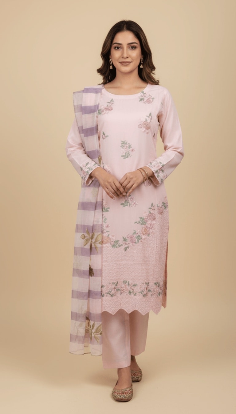 Blossom Pink Cotton Embroidered 3-Piece Trouser Suit