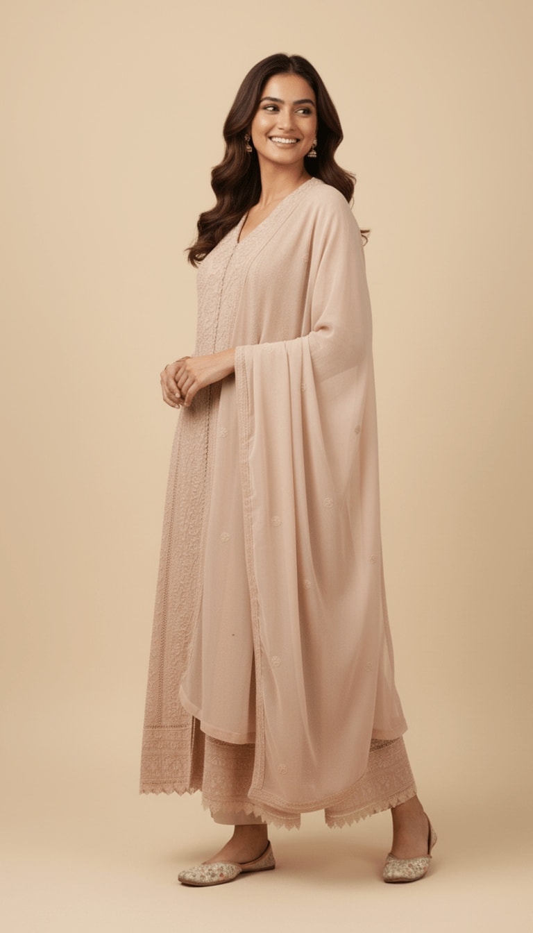 Blush Beige Embroidered Chiffon 3-Piece Anarkali Suit