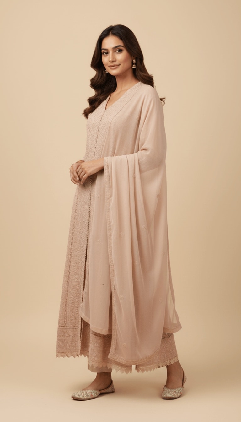 Blush Beige Embroidered Chiffon 3-Piece Anarkali Suit