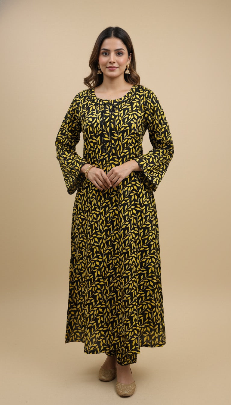 Canary Yellow Khaddar Leaf Print 2PC Coord Suit | SuitsMeUK