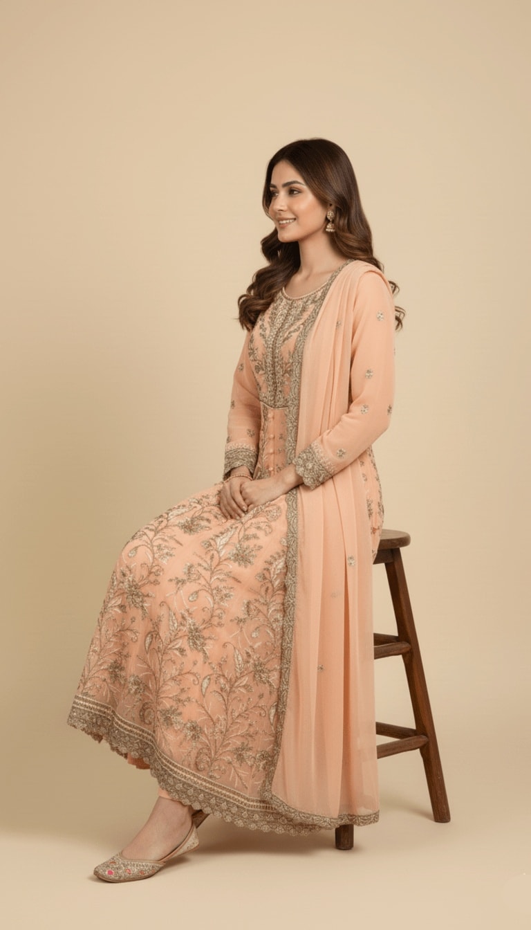 Caramel Glaze Embroidered Chiffon 3-Piece Anarkali Suit