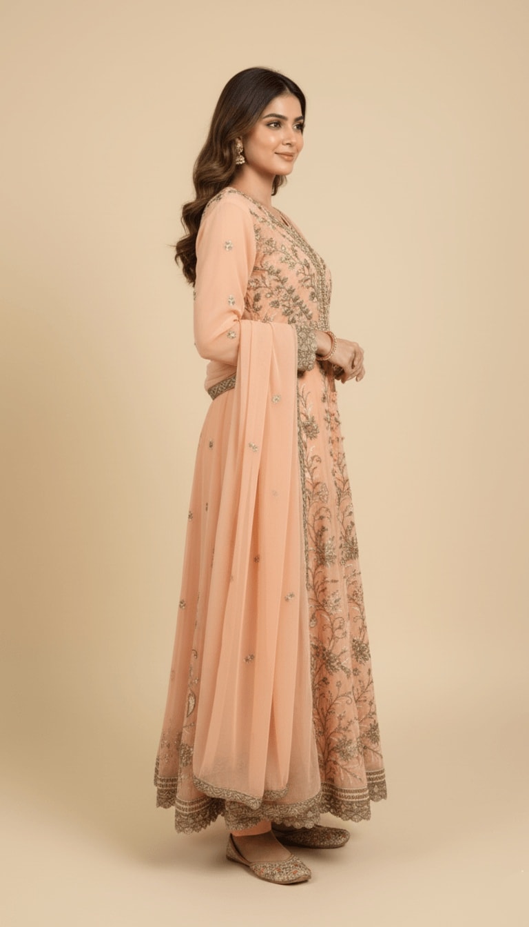 Caramel Glaze Embroidered Chiffon 3-Piece Anarkali Suit