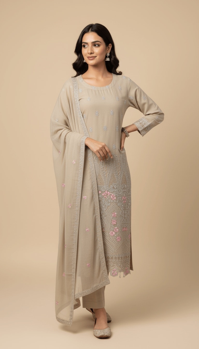 Champagne Blossom Embroidered Chiffon 3-Piece Trouser Suit