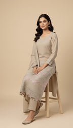 Champagne Blossom Embroidered Chiffon 3-Piece Trouser Suit