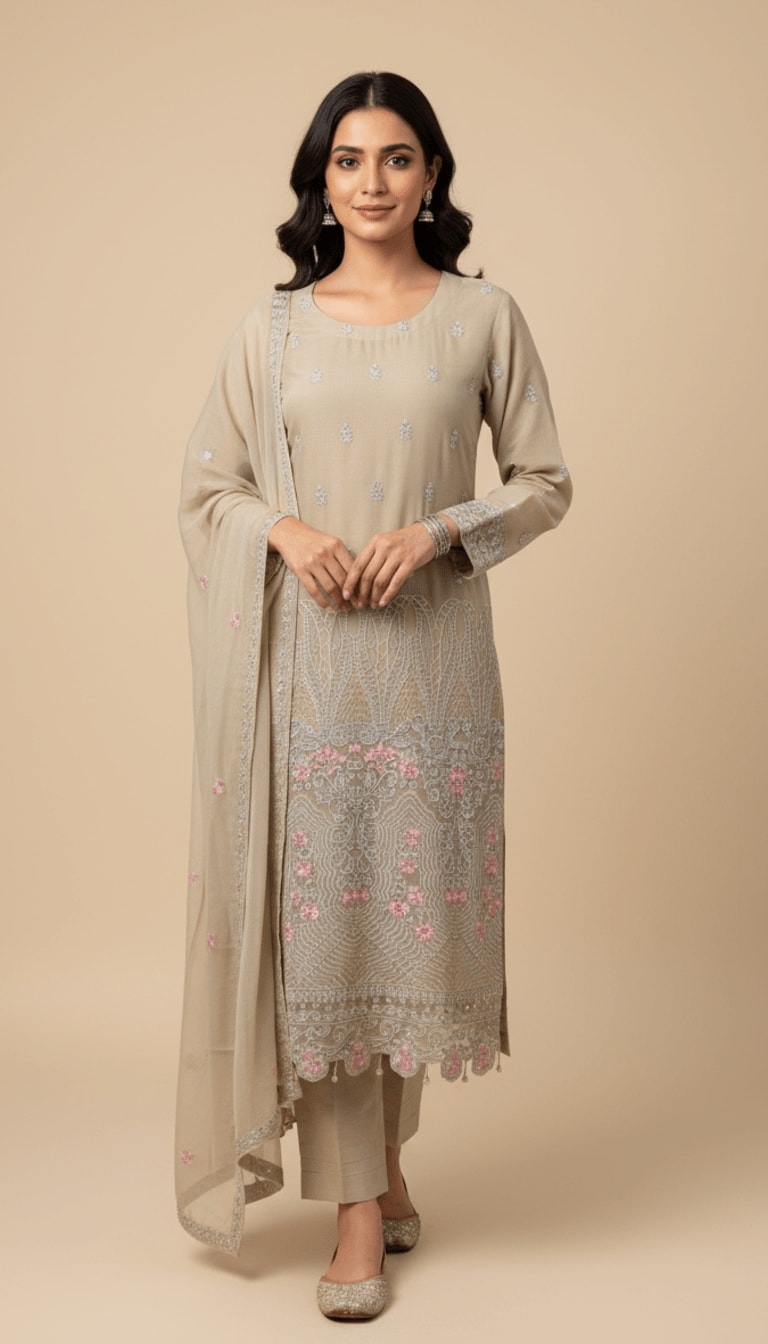 Champagne Blossom Embroidered Chiffon 3-Piece Trouser Suit