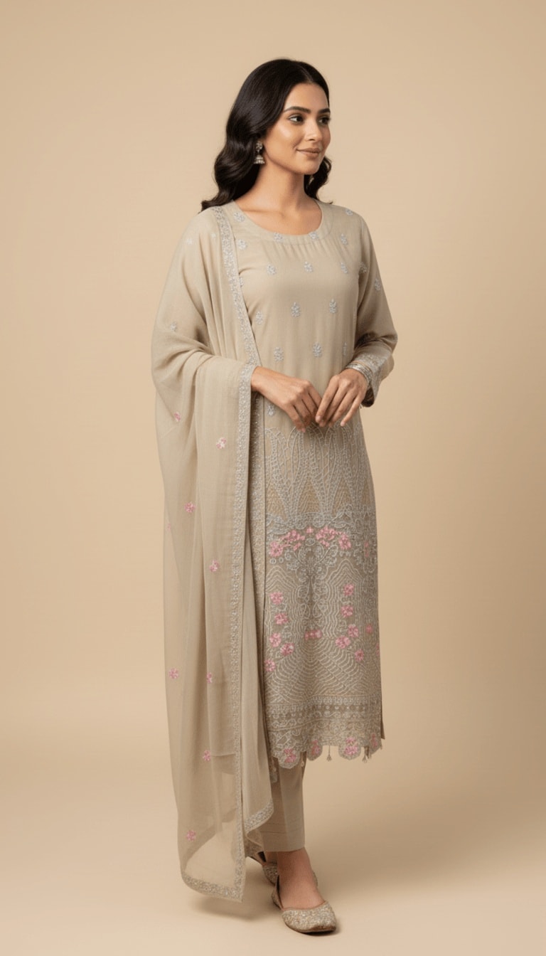 Champagne Blossom Embroidered Chiffon 3-Piece Trouser Suit
